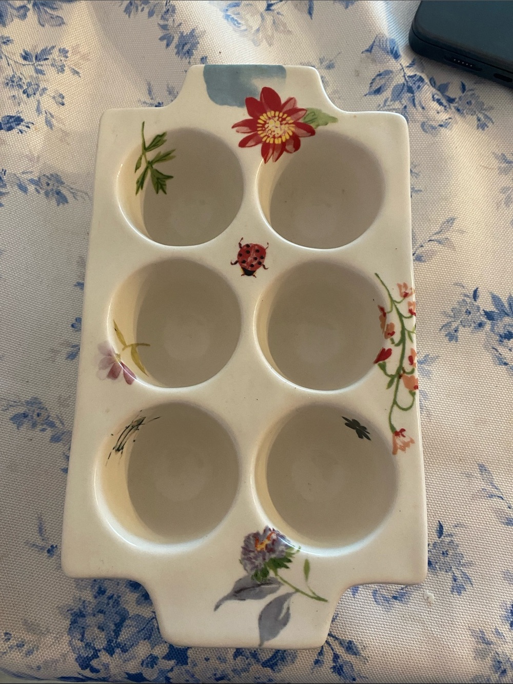 Anthropologie Cream floral Ceramic egg holder carton with Red Ladybug Accent